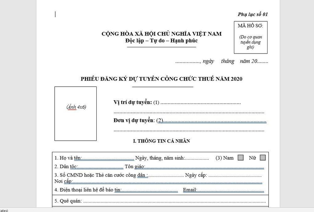 Hướng dẫn khai phiếu đăng ký dự tuyển công chức thuế năm 2020