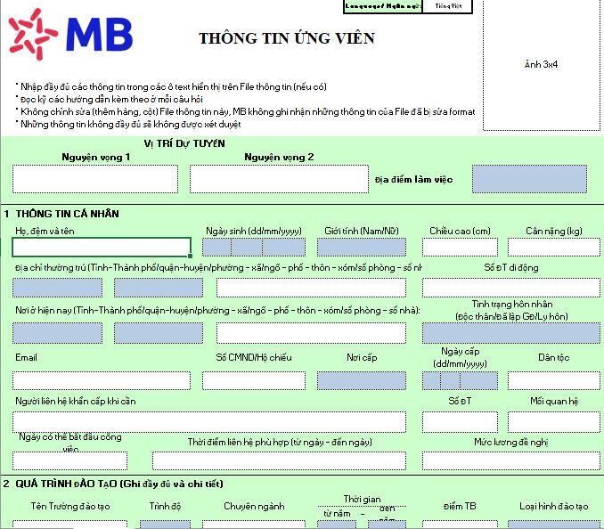 Mẫu CV ứng tuyển Ngân hàng Quân Đội 2020 (chính thức)