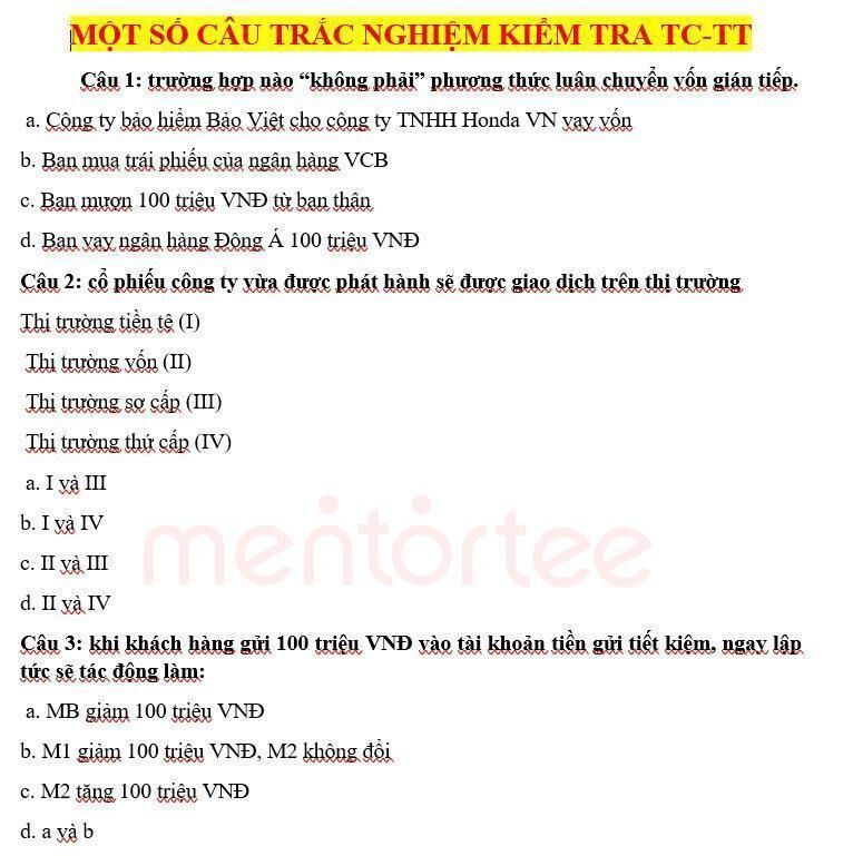Câu hỏi trắc nghiệm ôn tập môn tài chính tiền tệ - Ôn thi ngân hàng nhà nước 2020