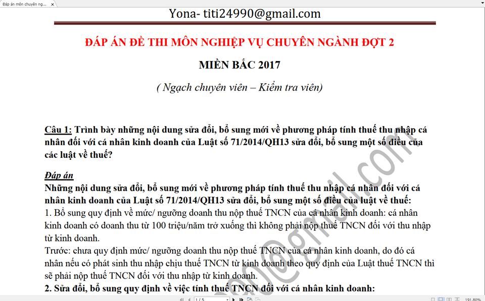 Đáp án môn Chuyên ngành CV-KTV Thuế - Miền Bắc 2017